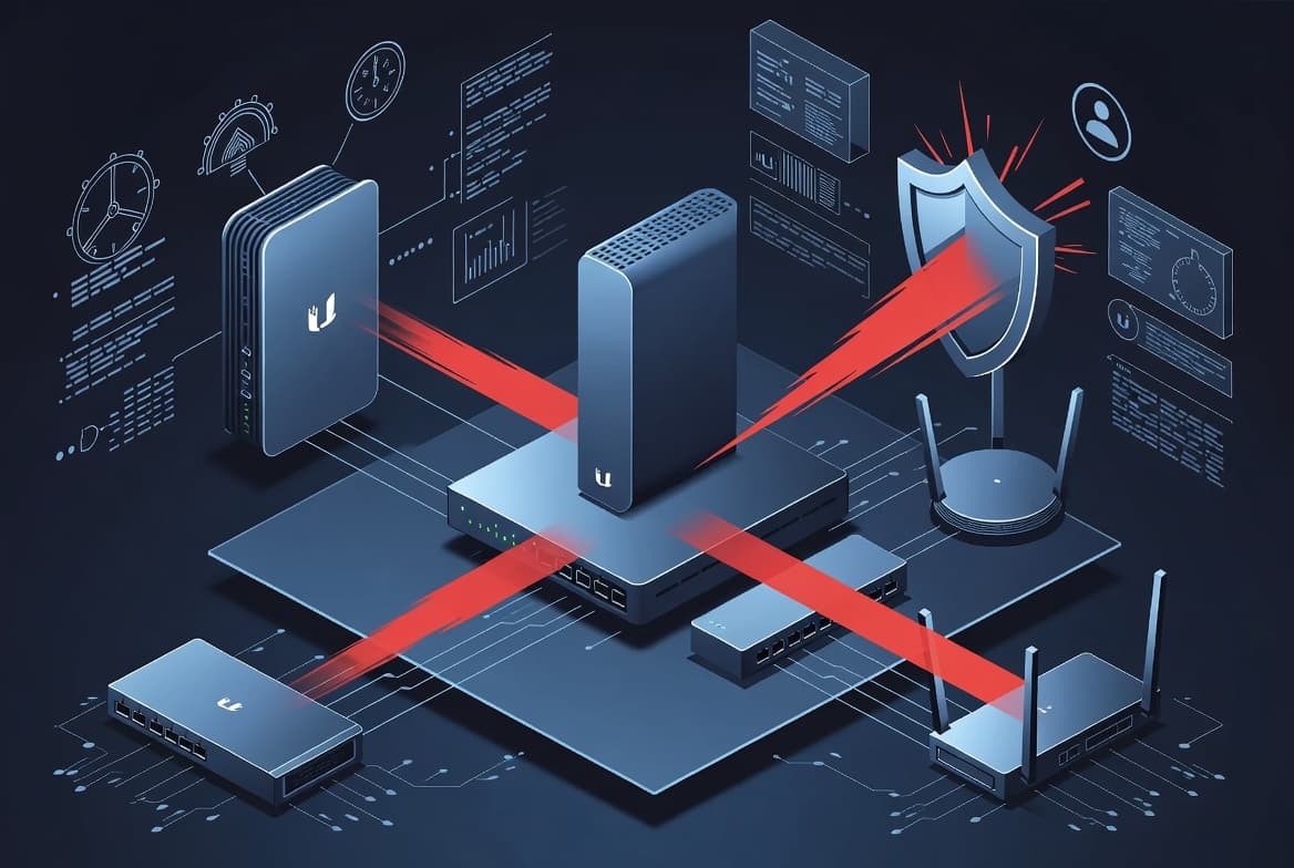 Illustration of unauthenticated attackers hijacking UniFi OS devices through three critical vulnerabilities flagged as high risk
