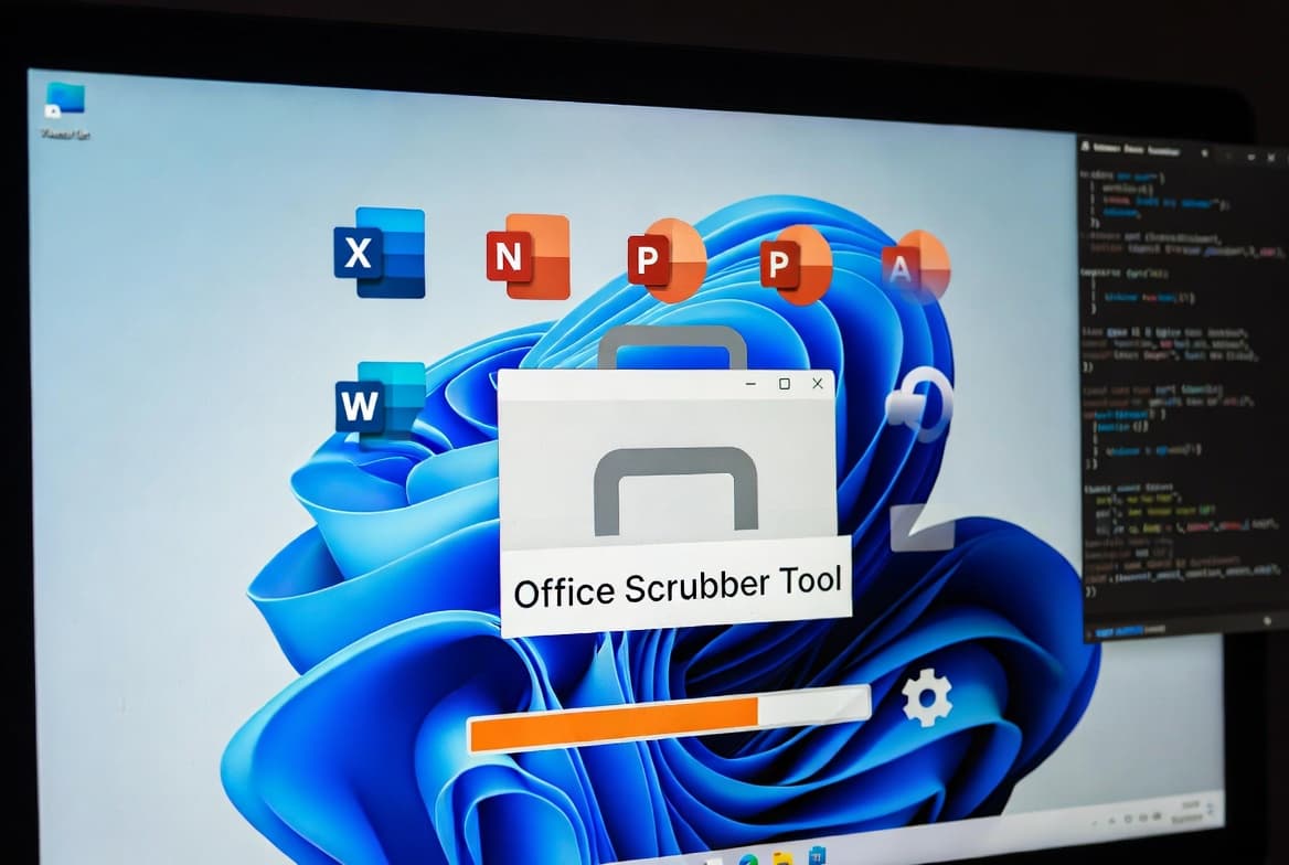 IT support themed image showing a script-based Office scrubber tool wiping Office from a Windows PC