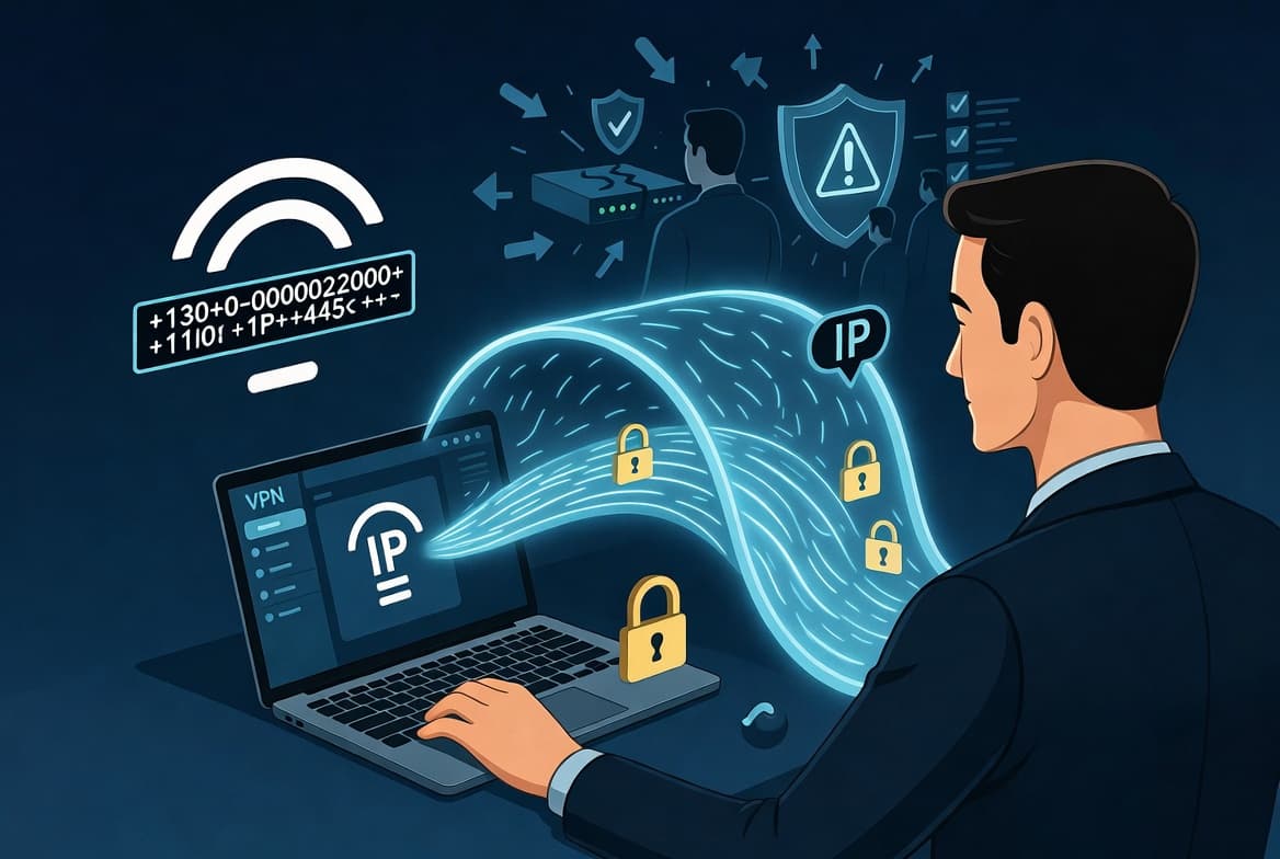 Illustration of VPN encryption, IP masking, and rising VPN exploit risk for IT deployment planning.