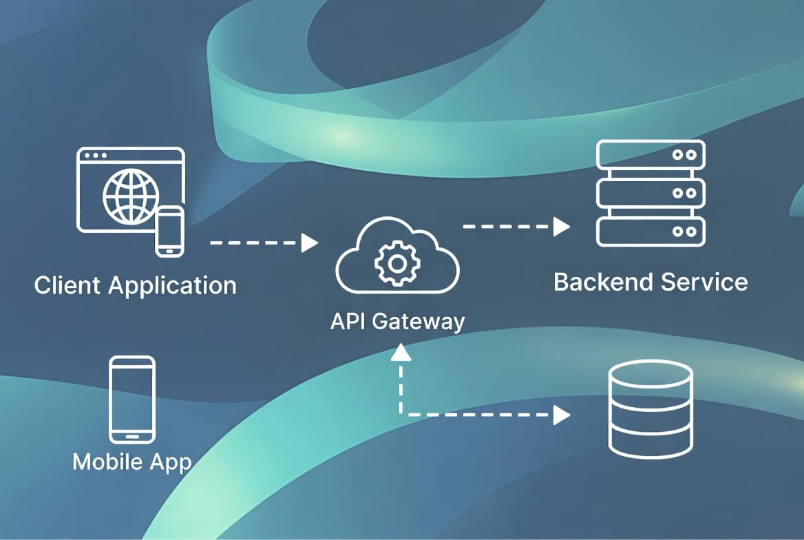 Developer themed image showing multiple apps communicating through a central API gateway
