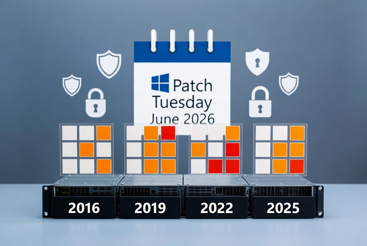 Windows Server patch management themed image showing June 2026 Patch Tuesday updates being rolled out across a datacenter