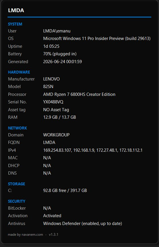 BgLight system information panel rendered on a Windows desktop wallpaper, with the grouped System, Hardware, Network, Storage and Security sections.